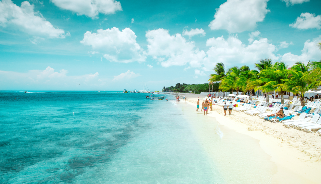 A beautiful beach with white sands and emerald waters with coconut trees in the background.