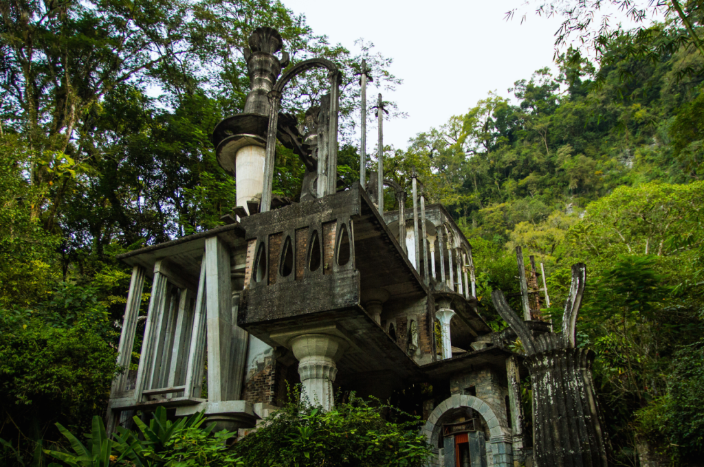 Surrealist structure in the lush greenery of Las Pozas, Xilitla, Mexico.