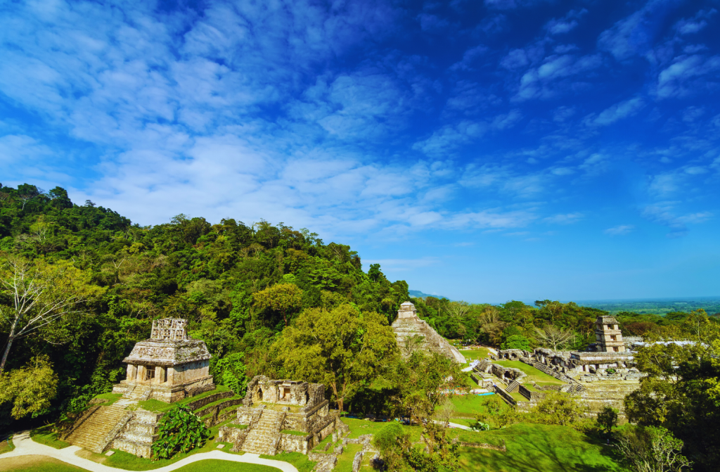 Aerial view of the Palenque Mayan Ruins in Chiapas, Mexico, surrounded by lush rainforest and ancient structures.