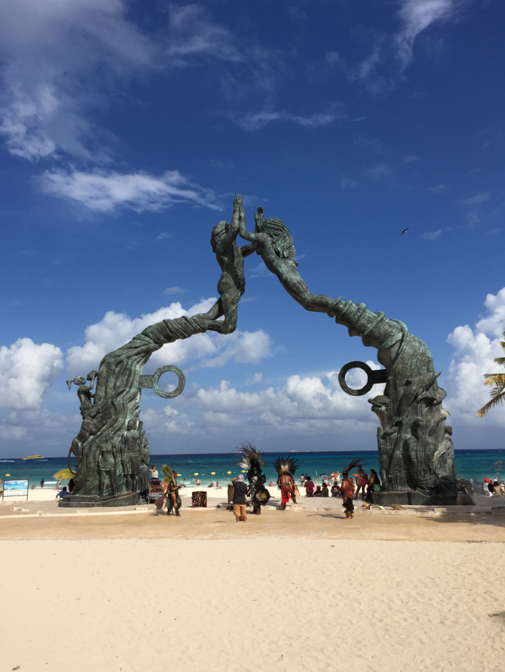 A sculpture named the Mayan Portal, on the beach of Playa del Carmen, Quintana Roo, Mexico.