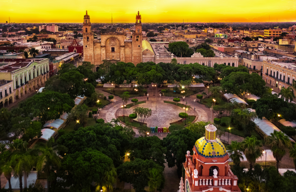 Aerial view of the center of Merida, showing the cathedral and the main park.